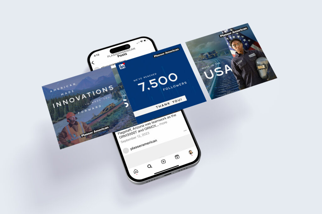 Plasser American Social Media ads hovering above phone