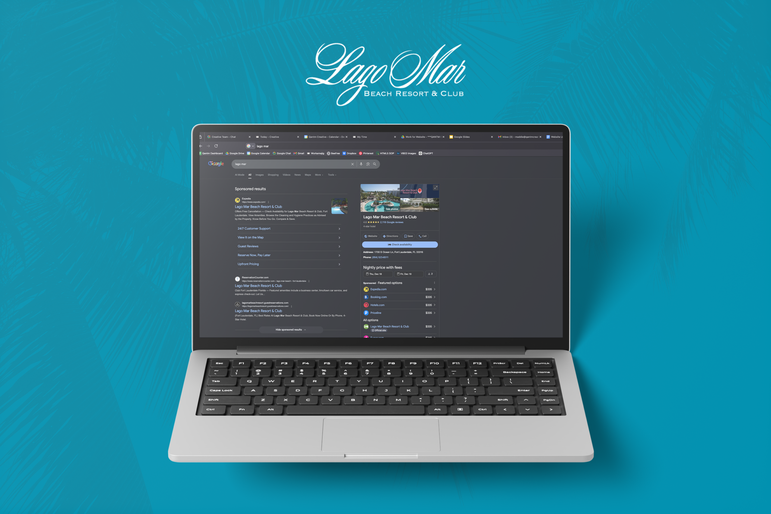 An image of a laptop computer that shows Google Search for Lago Mar Resort.